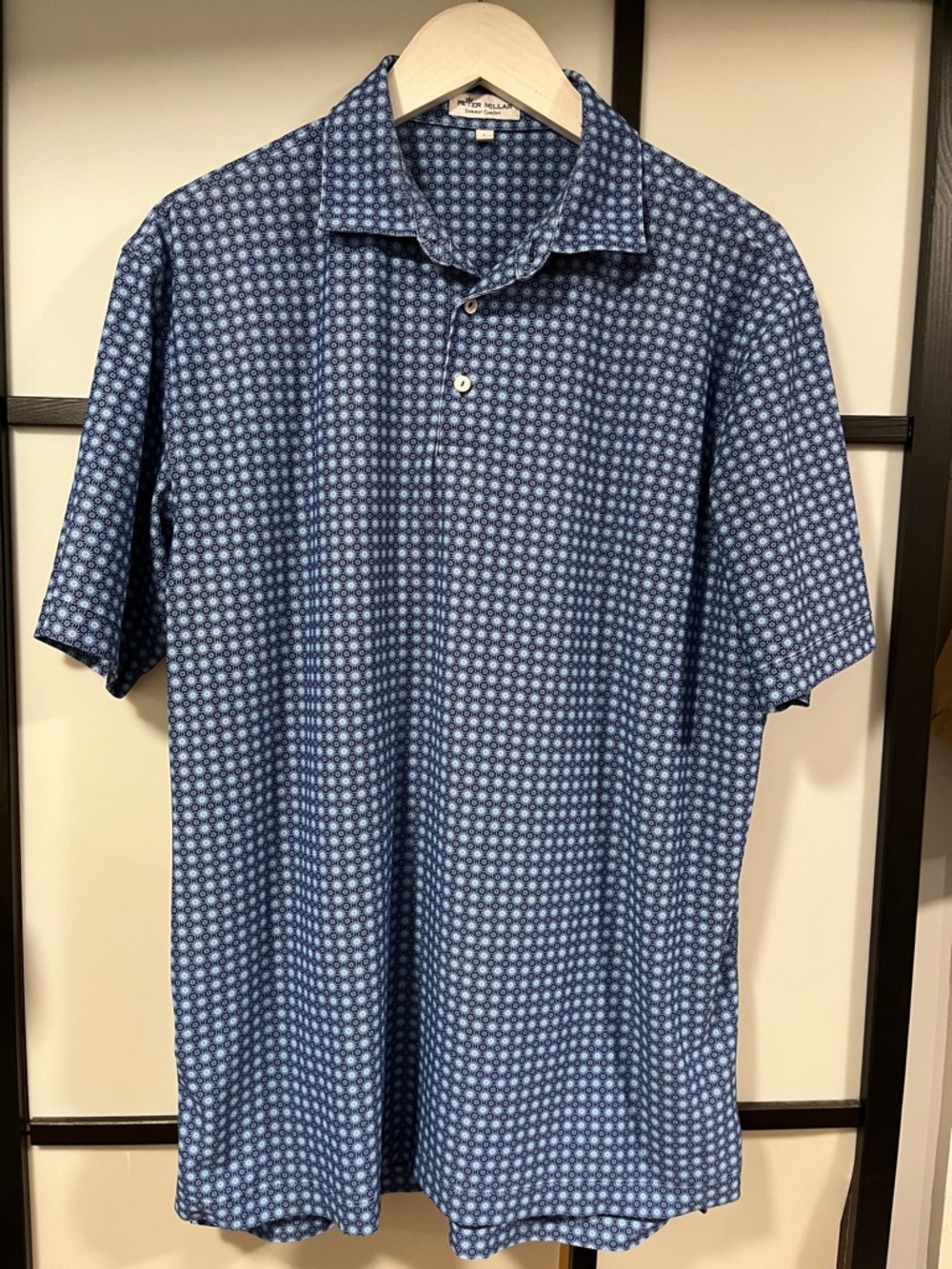 Peter Millar Sumer Comfort Navy and Light Blue Geometric Polo Men's Size Large